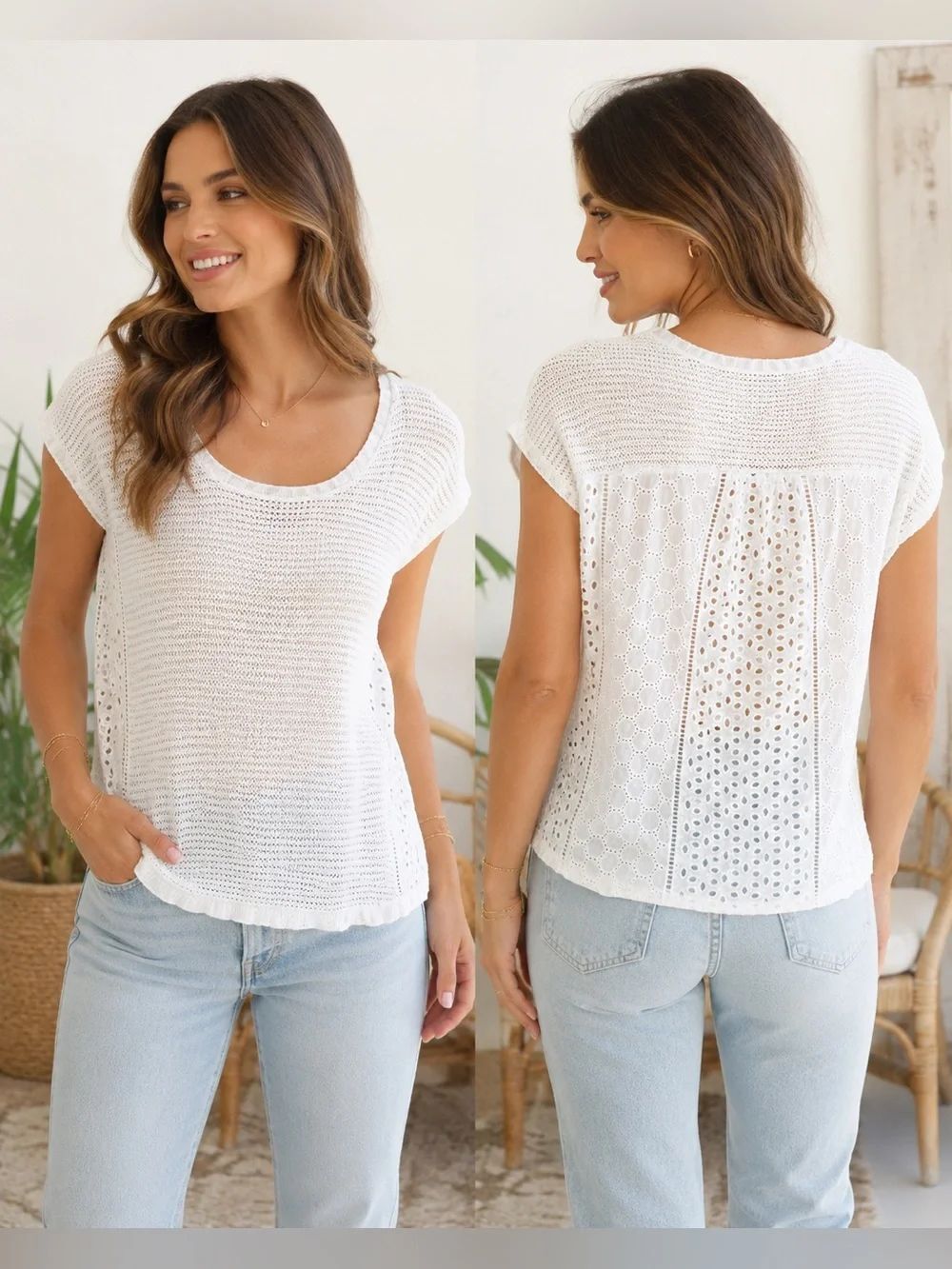 Lucky Brand White Mixed Media Eyelet Crochet Knit Top Women’s Small Boho Coastal